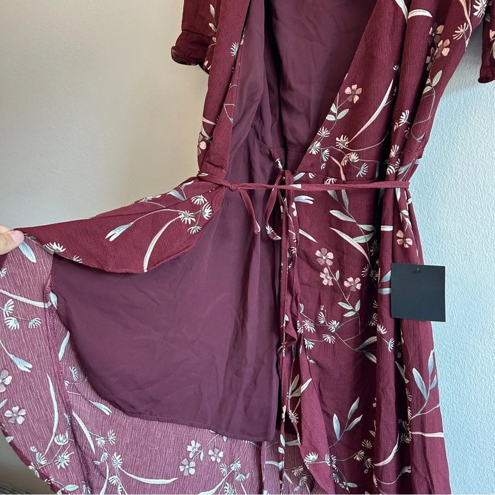 NWT Lulus Wild Winds Burgundy Floral Print High-Low Wrap Dress Size Medium - Picture 6 of 8